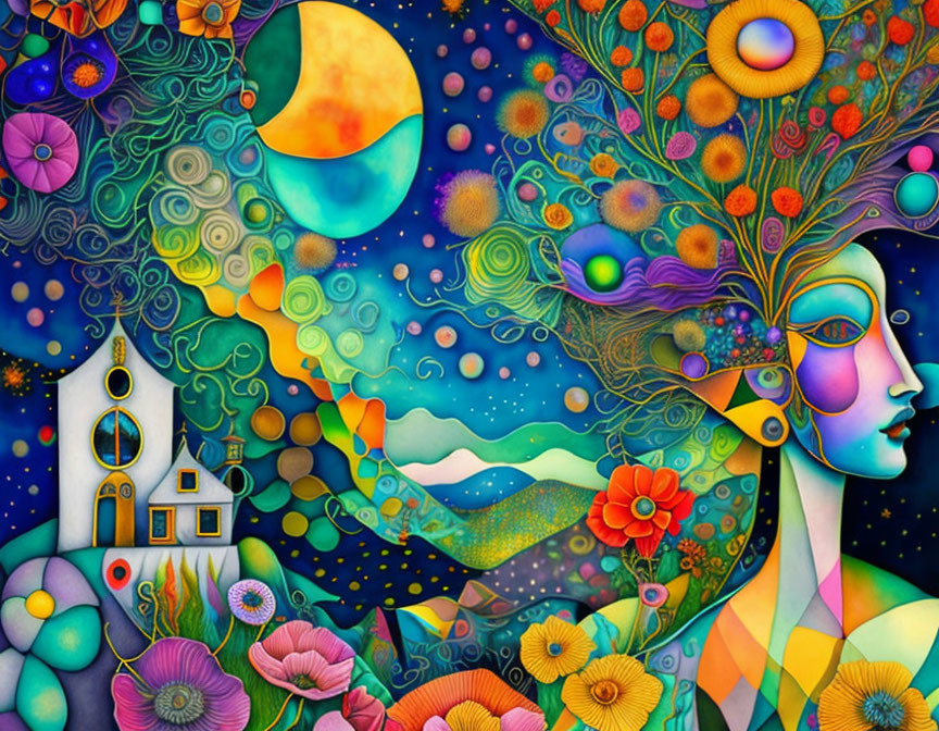 Colorful surreal illustration: Woman with nature hair, whimsical house, crescent moon