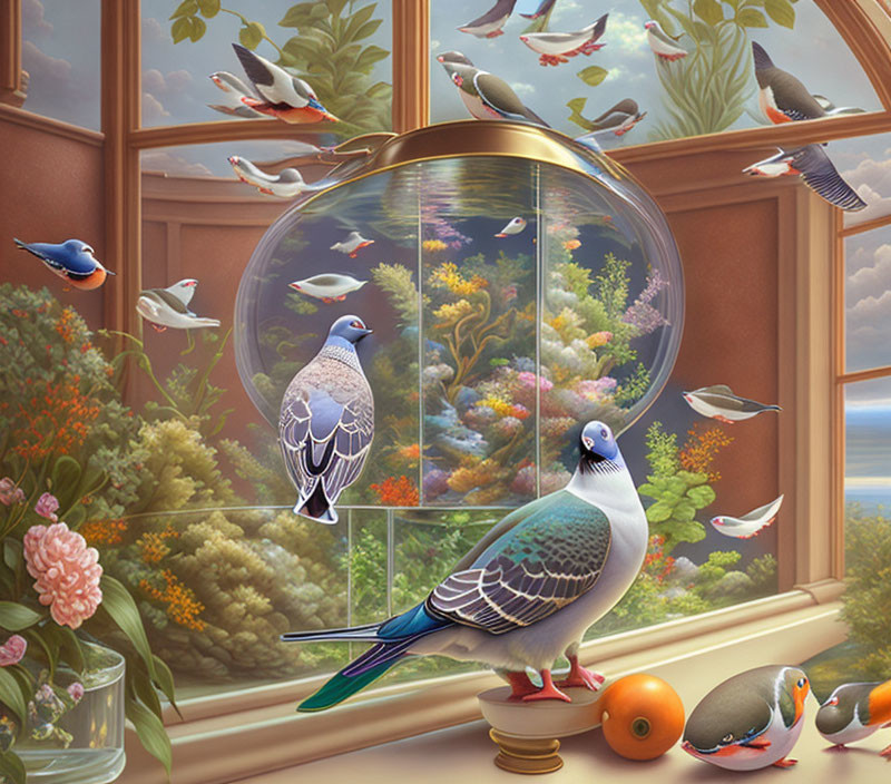 Illustration of birds flying in room with aquarium, outdoor scenery, and fruit on windowsill