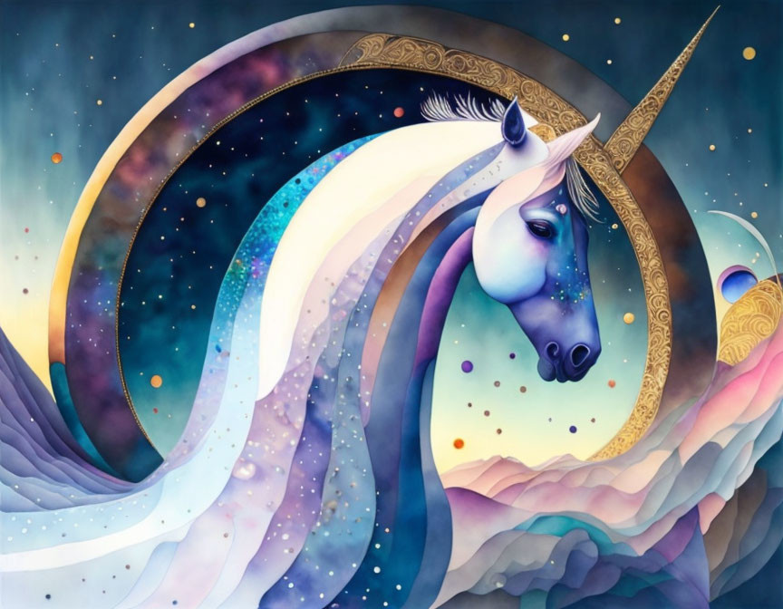 Fantastical unicorn illustration with spiraled horn in cosmic setting.