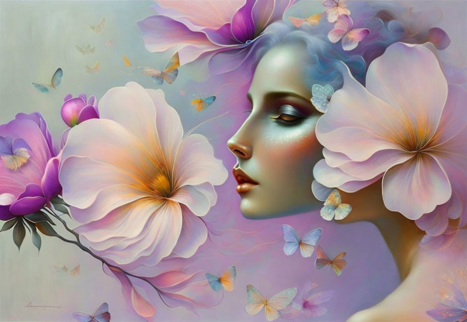 Surreal illustration of woman with floral elements and butterflies