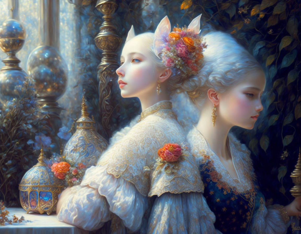 Ethereal women with fox-like ears in historical attire and golden-lit setting
