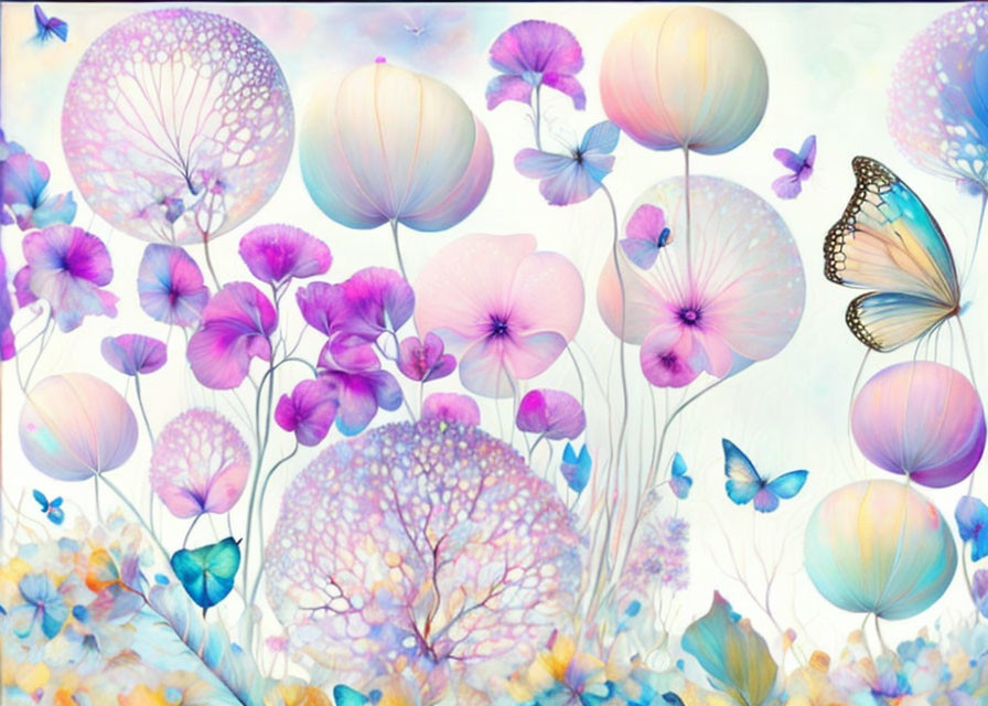 Pastel-colored flowers, dandelions, and butterfly on soft background