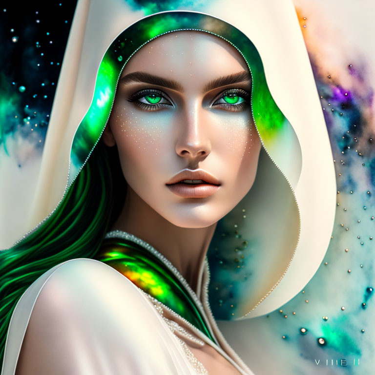 Digital Art Portrait: Woman with Green Hair and Cosmic Patterns