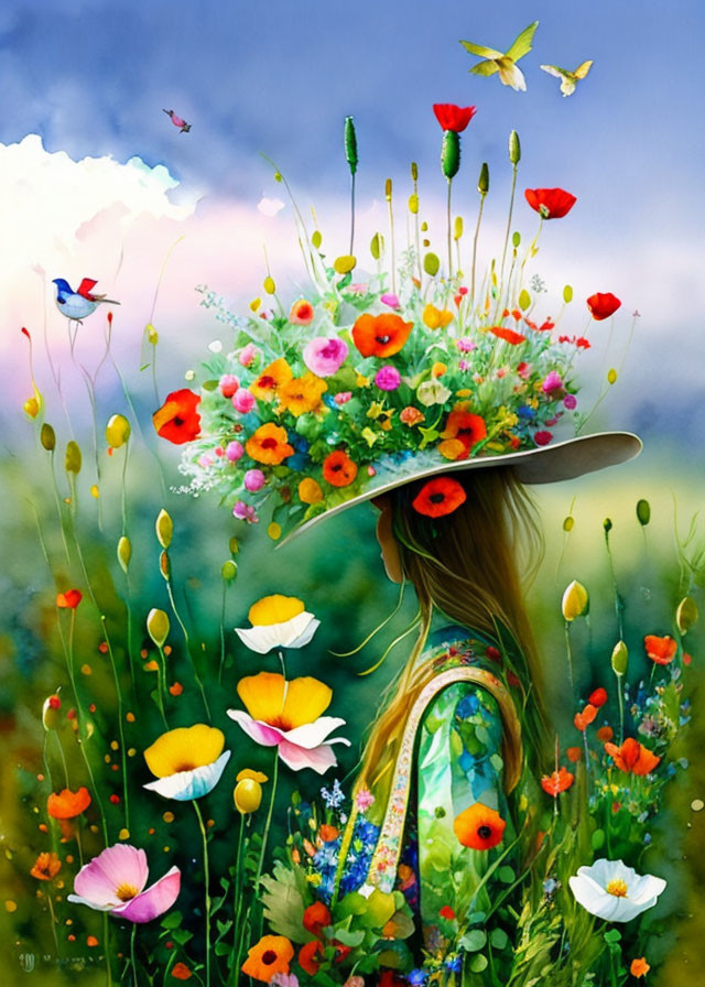 Woman in field with overflowing hat of vibrant flowers and colorful butterflies in serene setting