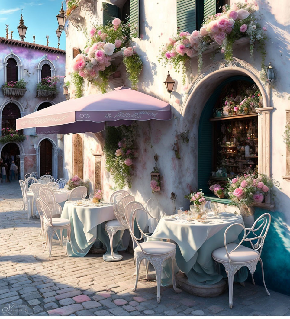 Scenic outdoor cafe with white tables, purple umbrella, and pink flowers against old building