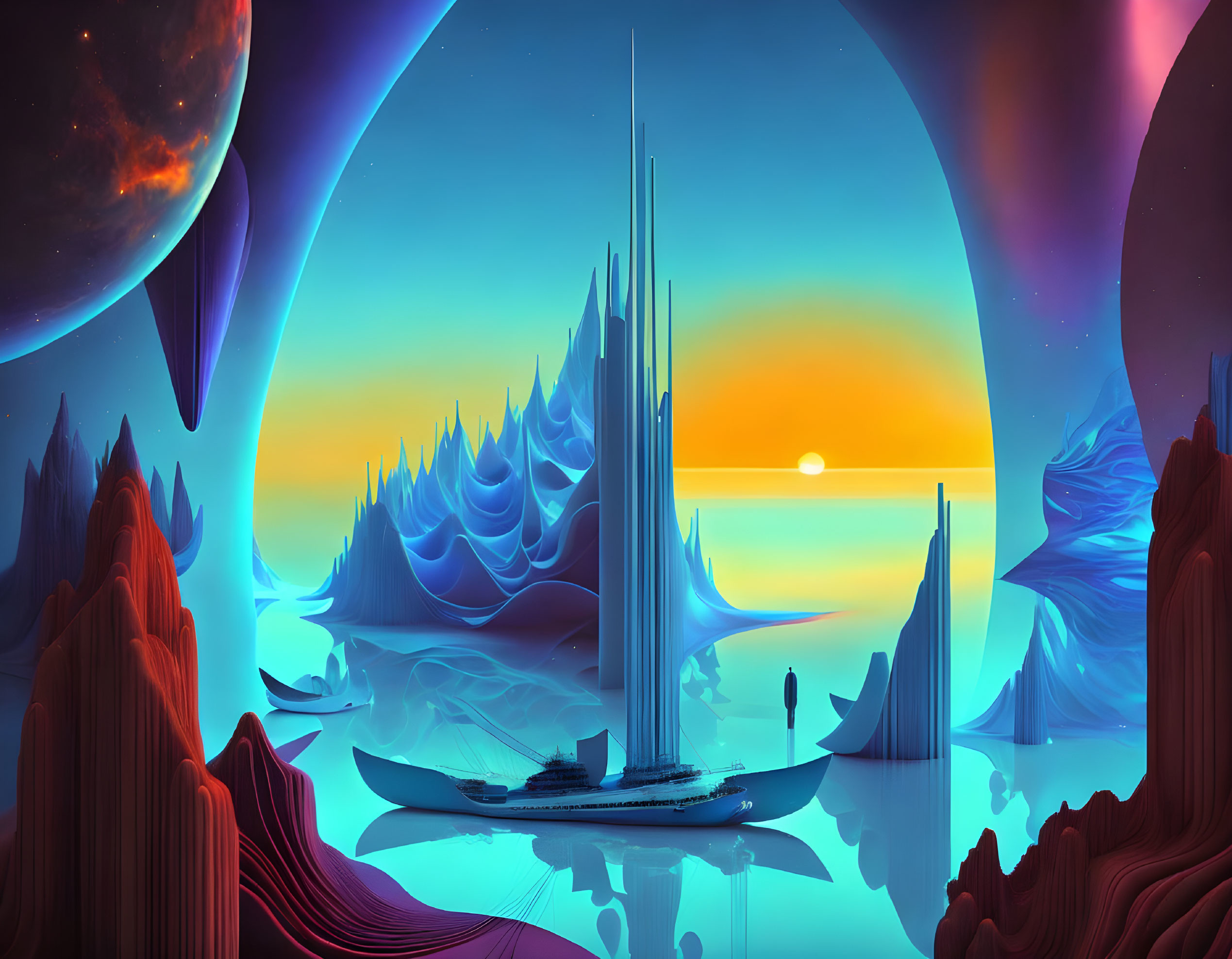 Fantastical alien landscape with sailboat, spires, and sunset