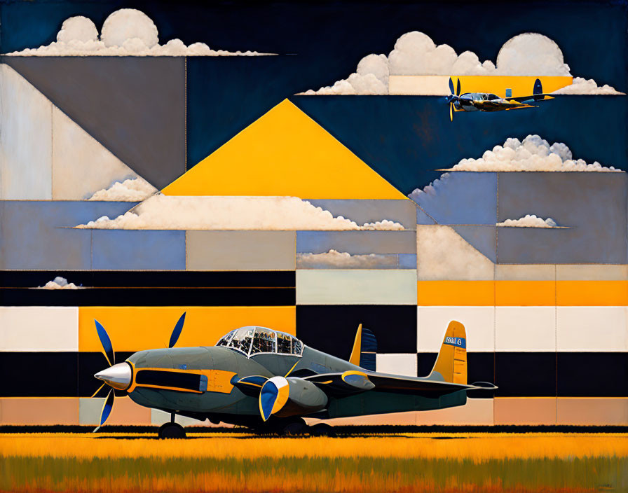 Vintage planes painting: foreground plane on ground, one in flight, geometric background with clouds.