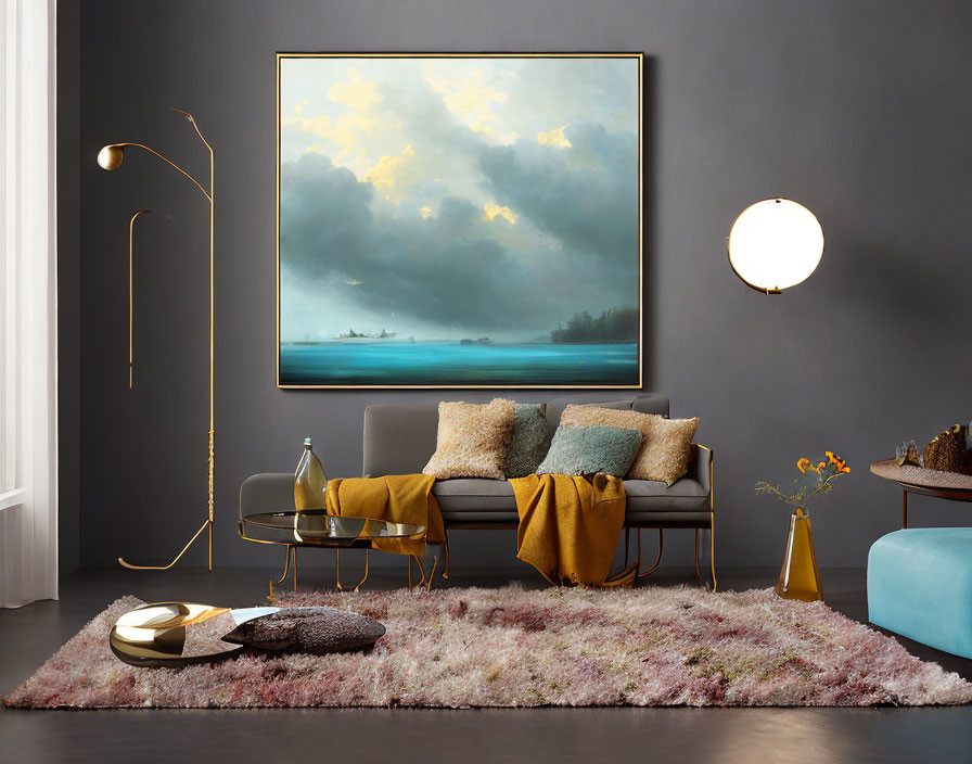 Modern Living Room with Gray Sofa, Colorful Pillows, Cloud Painting, Glass Coffee Table & Elegant