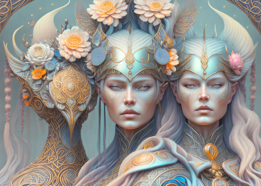 Ornate golden headpieces on twin elf-like characters in serene blue tones