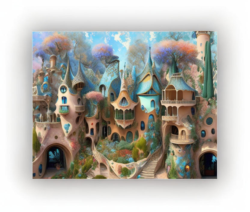 Pastel-colored, organic-shaped fairy-tale village under blue sky