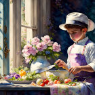 Child in vintage attire cooking outdoors with fruits, vegetables, and flowers