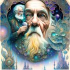 Elderly man with beard in surreal cosmic portrait