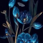 Colorful digital artwork: stylized flowers and plants in luminescent blues and purples on