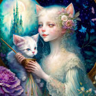 Whimsical illustration of girl with feline features holding a kitten