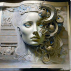 Surreal artwork: Woman's face with blue eyes, ornate hair, octopus tentacles