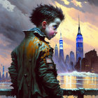 Young boy in green jacket against cityscape at dusk with dramatic sky