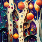 Surreal cosmic tree with lantern-like fruits in starry sky