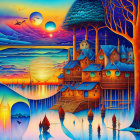 Colorful surreal landscape with treehouse village, lake, sailboats, and celestial sky