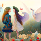Whimsical female figures in elaborate dresses with white birds among blooming roses and ethereal towers