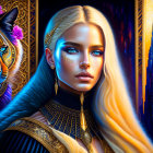 Fantasy portrait of woman with blue eyes & blonde hair, black cat, twilight cityscape