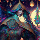 Ethereal woman with flowing starry hair under cosmic sky.