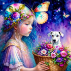 Whimsical girl with floral hat and puppy in basket surrounded by butterflies