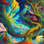 Colorful whimsical treehouse illustration with swirling clouds and floating islands