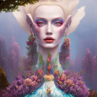 Surreal portrait of female figure with purple hues and ornate floral patterns