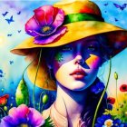 Vibrant Woman with Floral Hat, Butterflies, and Flowers under Blue Sky