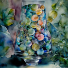 Colorful Marbles in Glass Vase with Blue and Green Foliage