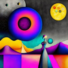 Colorful Abstract Art: Vibrant Hills, Starry Sky, Ringed Planet, Moon, Surre