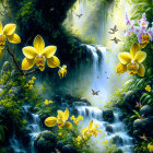 Lush garden painting: yellow flowers, boats on tranquil river