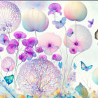 Pastel-colored flowers, dandelions, and butterfly on soft background