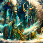 Stylized Native American figures with feather headdresses in mystical setting