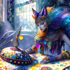 Colorful humanoid cat figure in elaborate attire against mosaic background