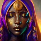 Digital artwork of a woman with golden facial markings and purple veil