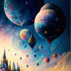 Colorful surreal cosmic landscape with planets, swirling patterns, and celestial orbs.