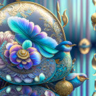 Ornate golden spheres with blue hummingbird and flowers on striped background