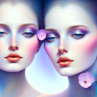 Symmetrical female faces with artistic makeup and butterflies on soft purple and blue backdrop