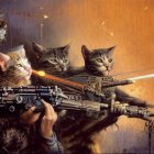 Vividly colored cats as soldiers with intense eyes in dystopian battlefield