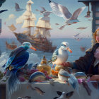 Tranquil seascape with woman, seagulls, fish, and sailing ship