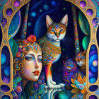 Colorful artwork of woman with cat-like features and whimsical cats on starry night.