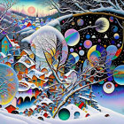 Colorful Winter Scene with Snow-covered Trees and Celestial Sky