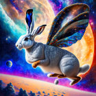 Fantastical rabbit with butterfly wings in cosmic setting
