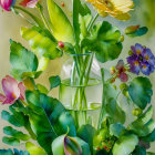 Colorful Watercolor Painting of Flowers and Leaves in Glass Vase