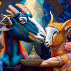 Digital artwork featuring two mythical unicorn heads in white and orange against a cosmic backdrop with floral elements