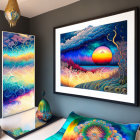 Colorful Psychedelic Room with Surreal Sunset Wall Art