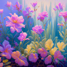 Colorful painting of purple and pink flowers on blue gradient background