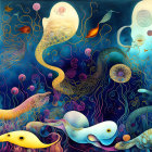 Colorful Underwater Scene with Sea Creatures and Turtle