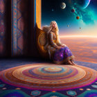 Woman sitting by open door overlooking surreal landscape with vibrant sky and planets.